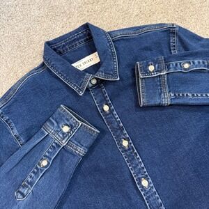 Topman Stretch Skinny Denim Shirt Mens L Blue Indigo Long Sleeve Button Down